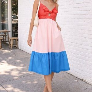 J. Crew Colorblock Spaghetti Strap Maxi Dress in Red, Blush & Blue